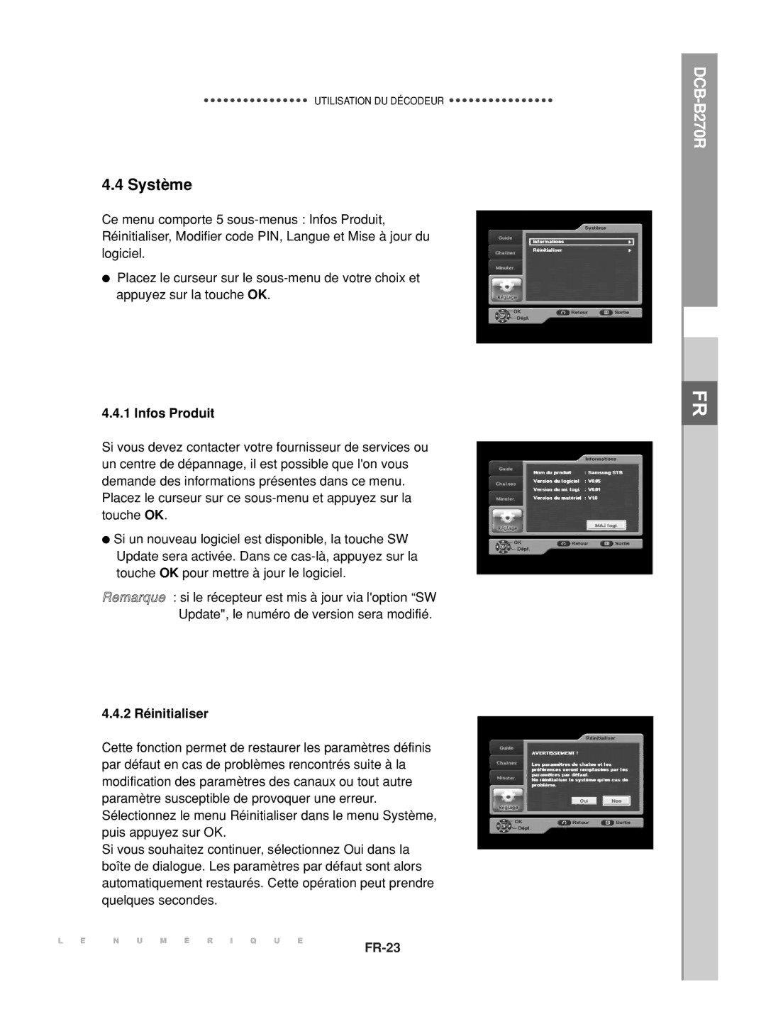 Samsung DCB-B270R manual Système, Infos Produit, 2 Réinitialiser 