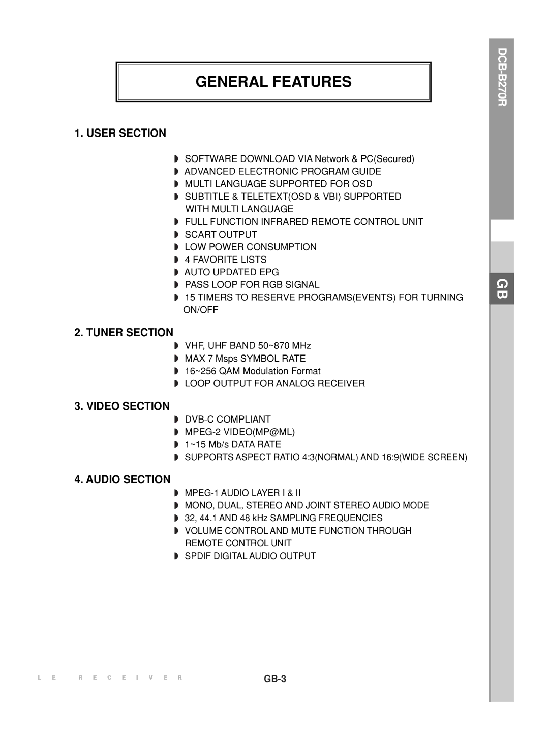 Samsung DCB-B270R manual General Features, User Section 