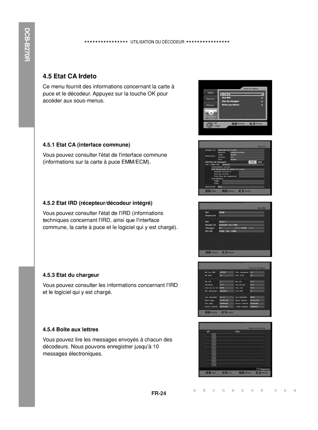 Samsung DCB-B270R manual Etat CA Irdeto, Etat CA interface commune, Etat IRD récepteur/décodeur intégré, Etat du chargeur 