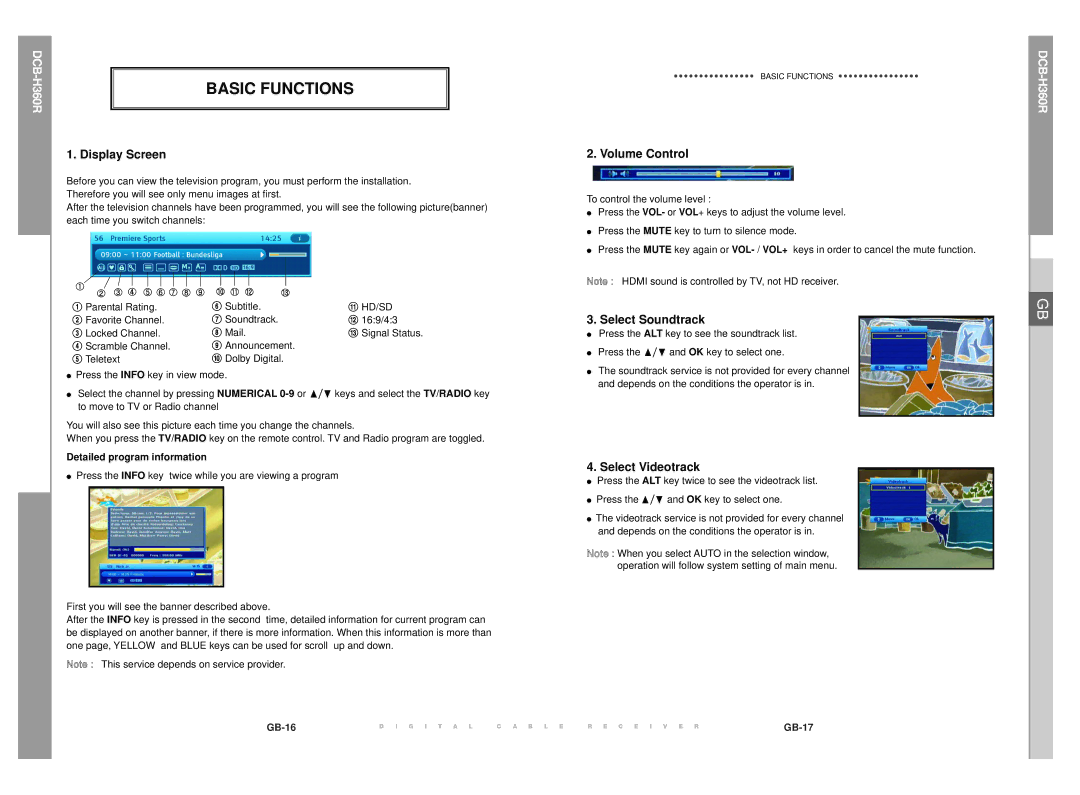 Samsung DCB-H360R manual Basic Functions, Display Screen, Volume Control, Select Soundtrack, Select Videotrack 