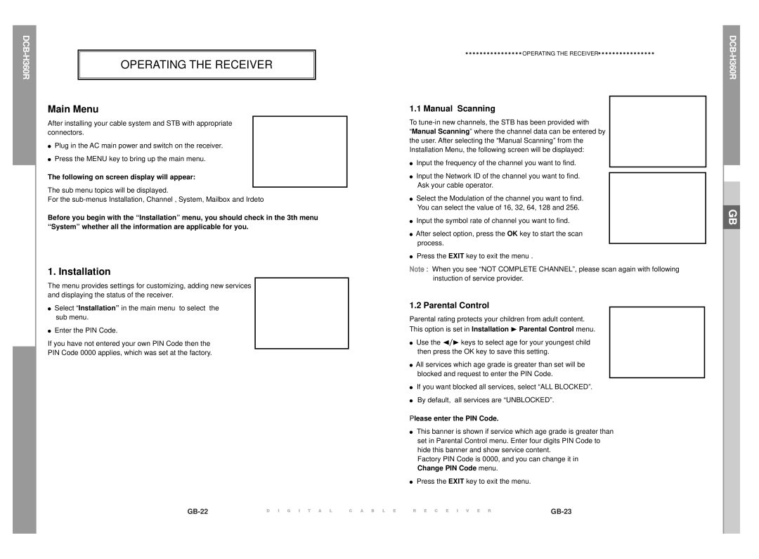 Samsung DCB-H360R manual Main Menu, Installation, Manual Scanning, Parental Control 