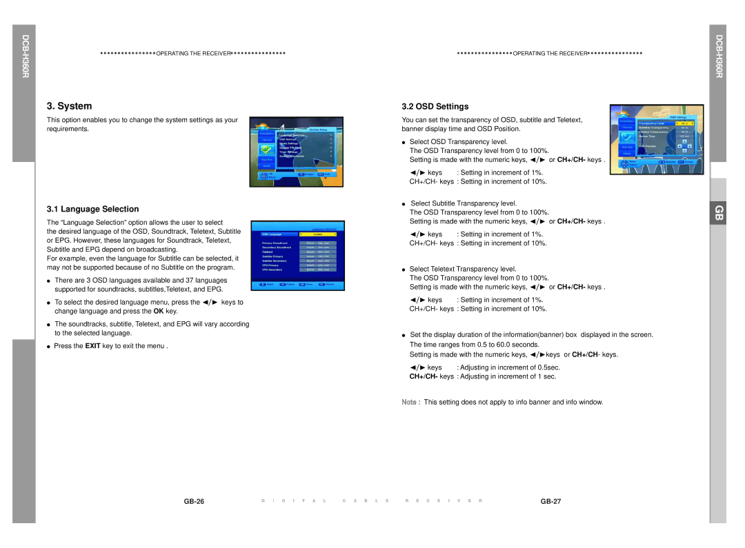 Samsung DCB-H360R manual System, OSD Settings, Language Selection 