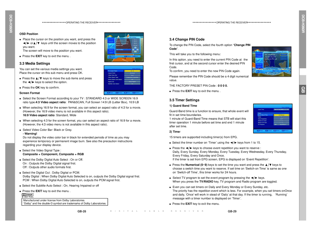 Samsung DCB-H360R manual Media Settings, Change PIN Code, Timer Settings 