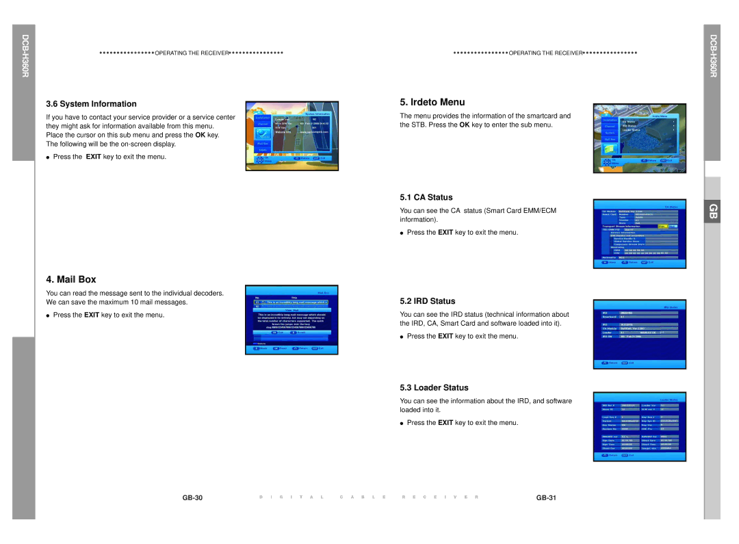 Samsung DCB-H360R manual Irdeto Menu, Mail Box 