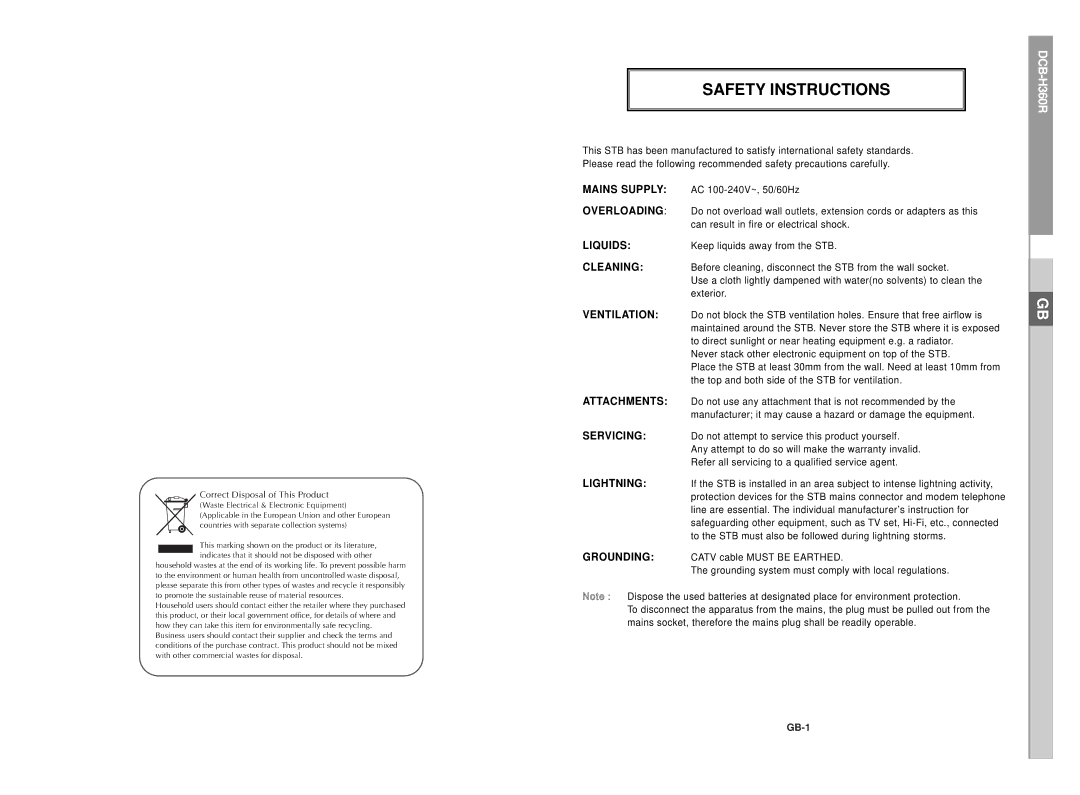 Samsung DCB-H360R manual Safety Instructions, Correct Disposal of This Product 