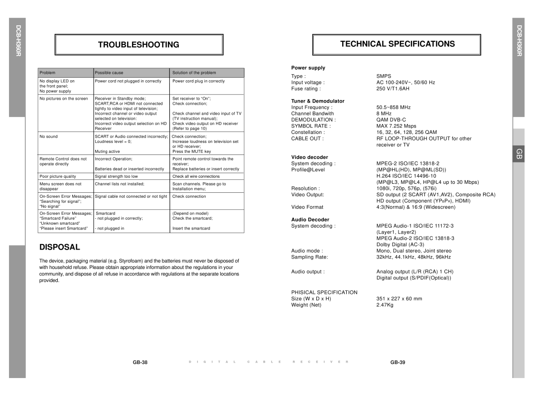 Samsung DCB-H360R manual Troubleshooting Technical Specifications, Disposal 