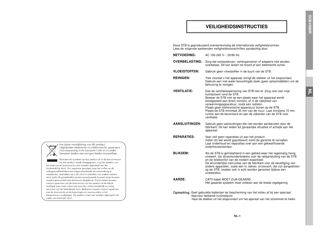 Samsung DCB-H360R manual Veiligheidsinstructies, Een juiste verwijdering van dit product 