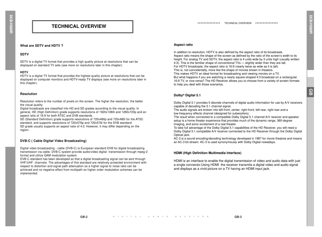 Samsung DCB-H360R manual Technical Overview, Sdtv 