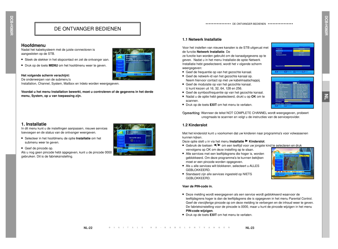 Samsung DCB-H360R manual Hoofdmenu, Netwerk Installatie, Kinderslot 