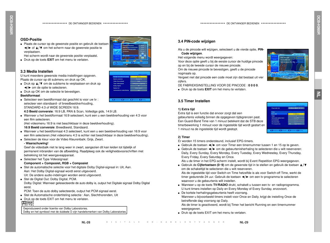 Samsung DCB-H360R manual OSD-Positie, Media Instellen, PIN-code wijzigen, Timer Instellen 