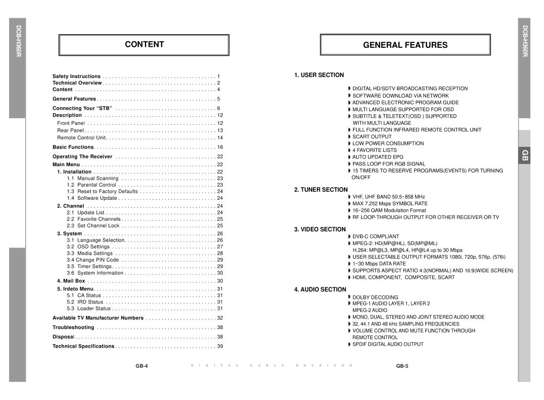 Samsung DCB-H360R manual Content General Features, User Section 