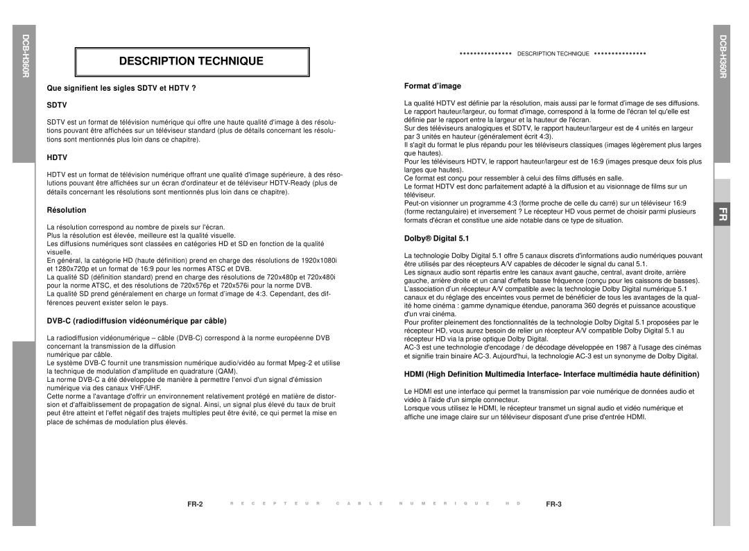 Samsung DCB-H360R manual Description Technique, Résolution 