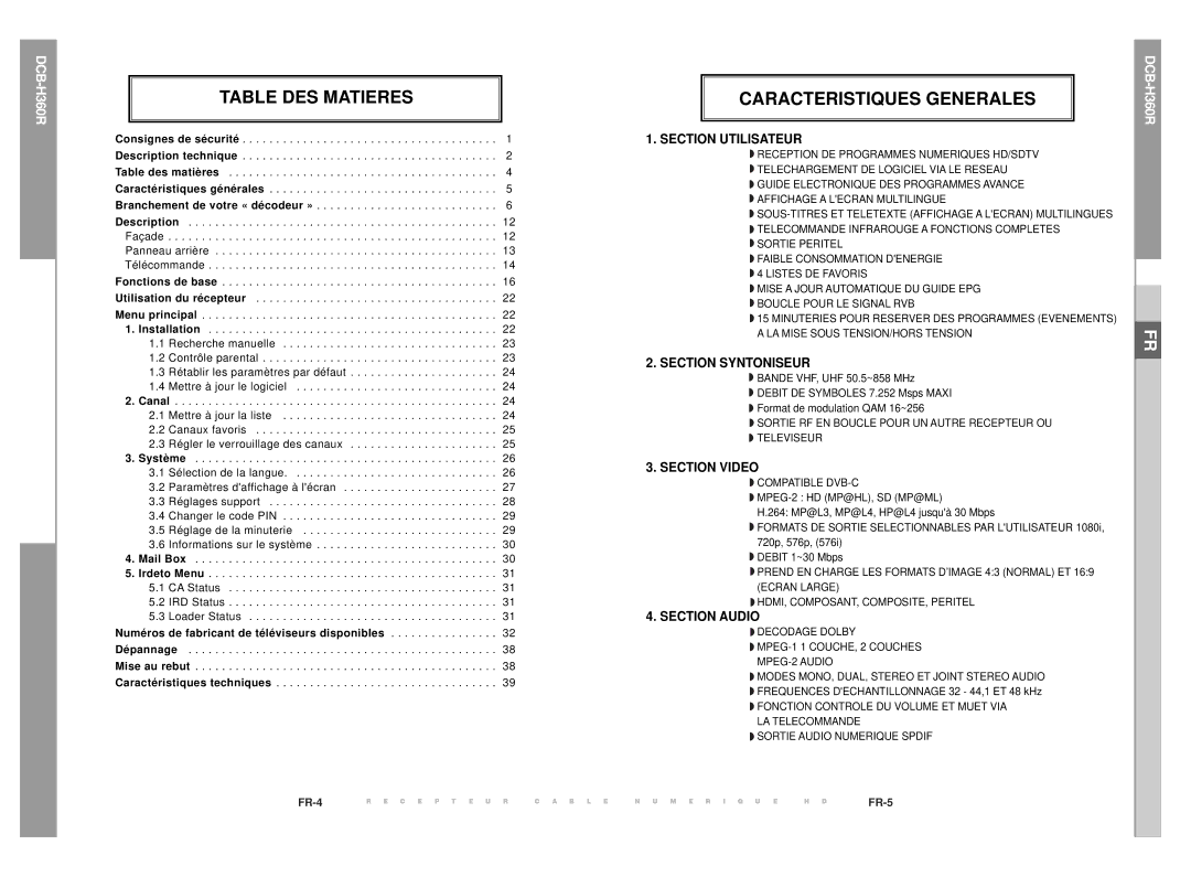 Samsung DCB-H360R manual Table DES Matieres, Caracteristiques Generales, Numéros de fabricant de téléviseurs disponibles 