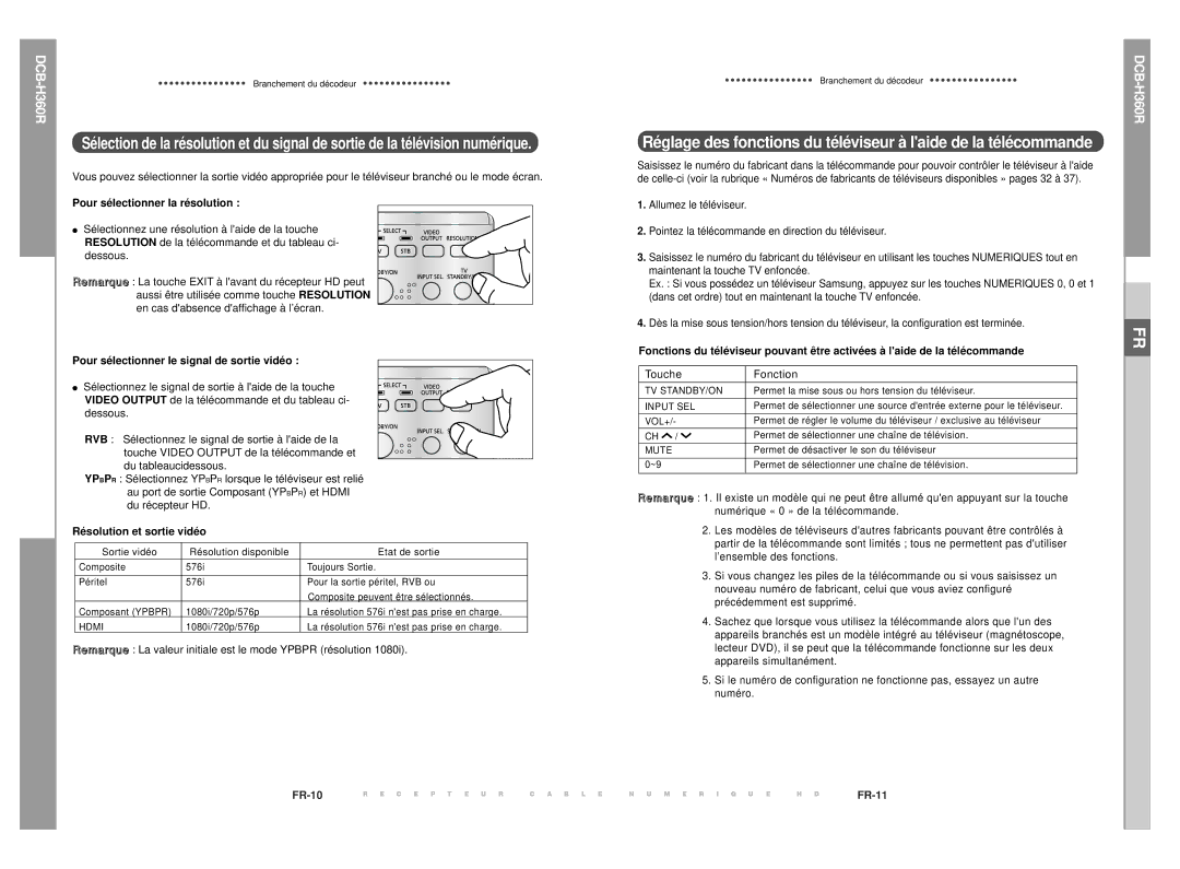 Samsung DCB-H360R Pour sélectionner la résolution, Pour sélectionner le signal de sortie vidéo, Résolution et sortie vidéo 