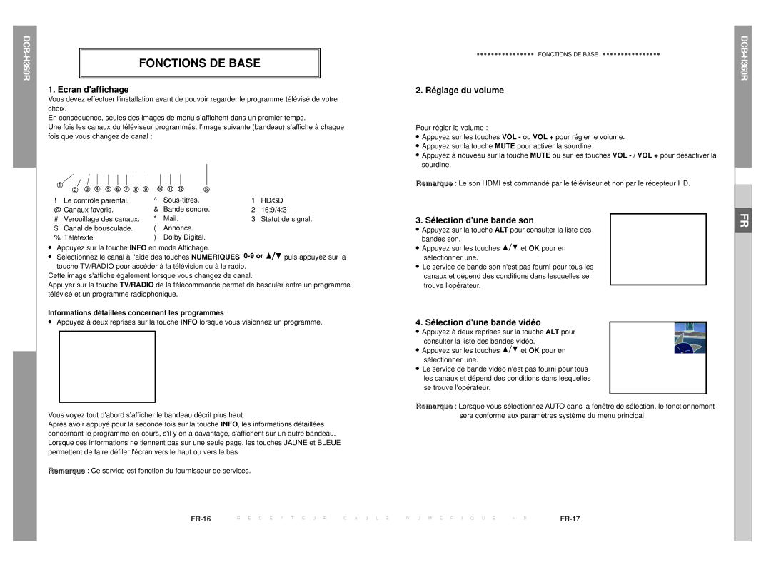 Samsung DCB-H360R manual Fonctions DE Base, Ecran daffichage, Réglage du volume, Sélection dune bande son 