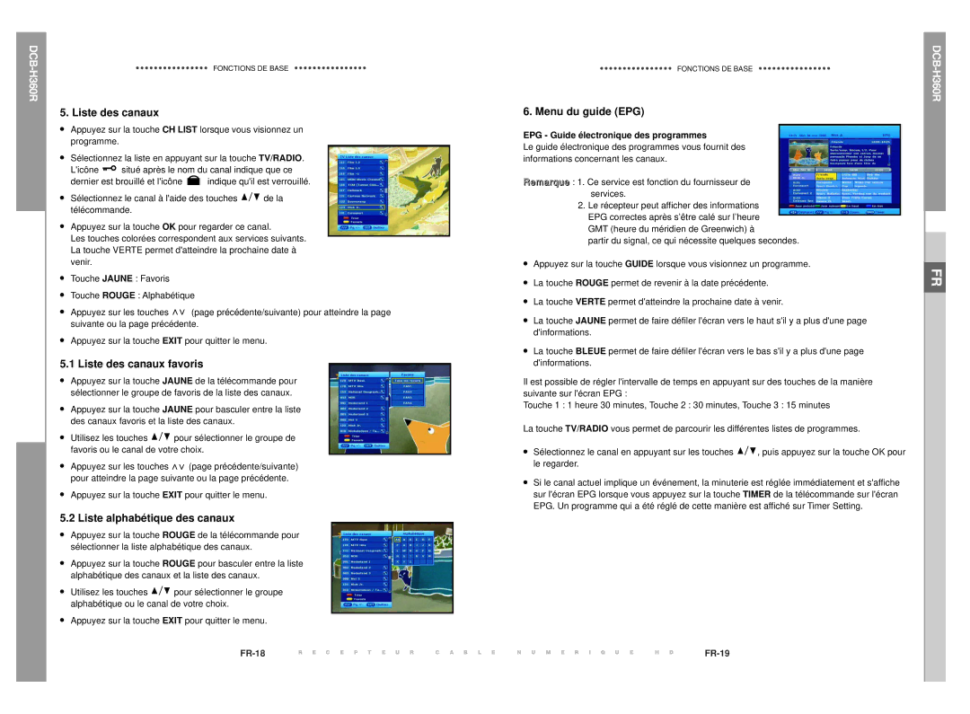 Samsung DCB-H360R manual Liste des canaux favoris, Liste alphabétique des canaux, Menu du guide EPG 