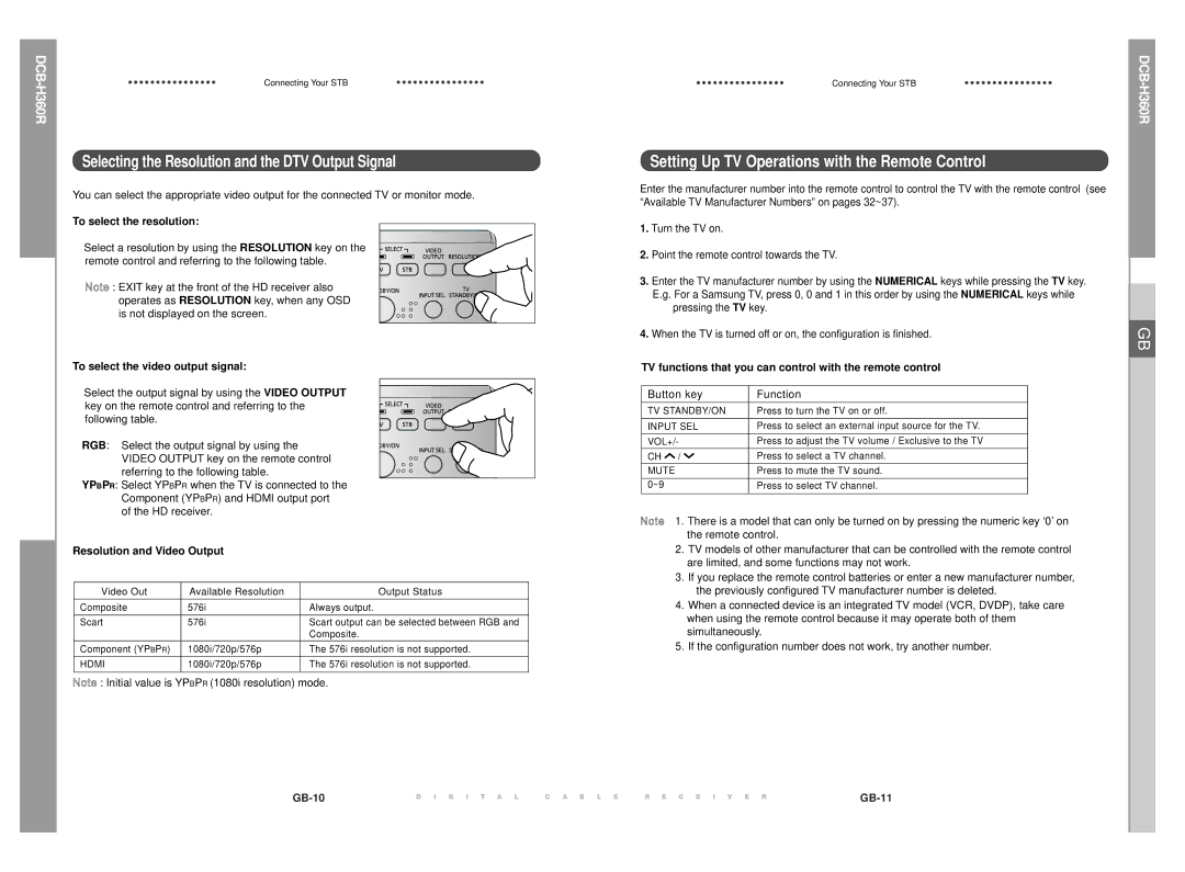 Samsung DCB-H360R Selecting the Resolution and the DTV Output Signal, Setting Up TV Operations with the Remote Control 