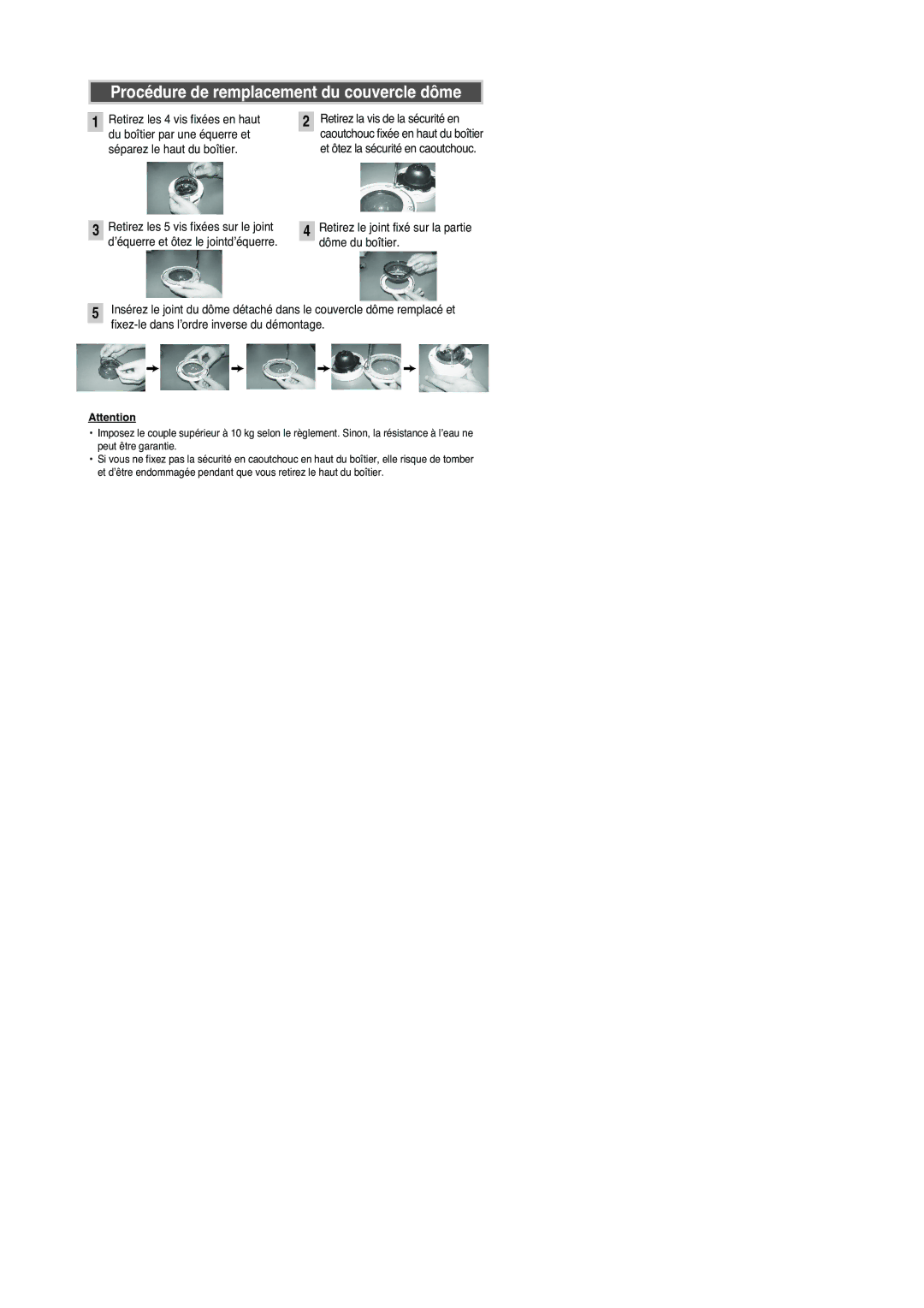 Samsung DCC-9C manual Procédure de remplacement du couvercle dôme 