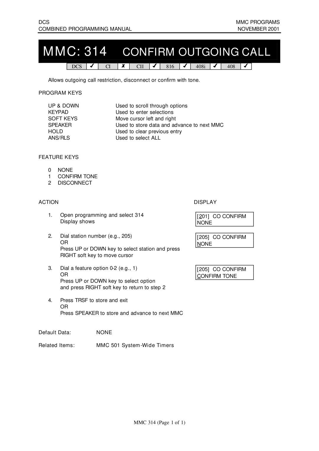 Samsung DCS-408 MMC 314 Confirm Outgoing Call, None Confirm Tone Disconnect, CO Confirm None, CO Confirm Confirm Tone 