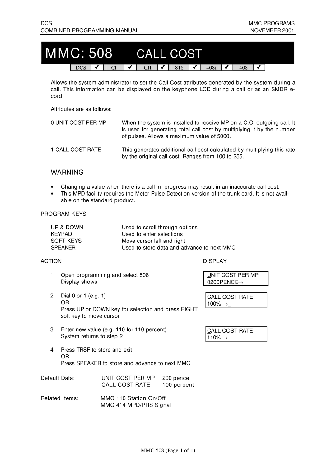 Samsung DCS-408I manual Unit Cost PER MP, Pence, Call Cost Rate, Percent 