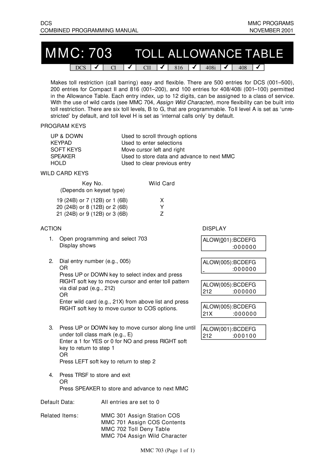 Samsung DCS-408I manual MMC 703 Toll Allowance Table, ALOW005BCDEFG, ALOW001BCDEFG 