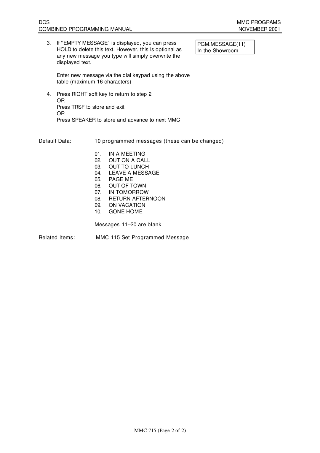 Samsung DCS-408I manual Default Data Programmed messages these can be changed 