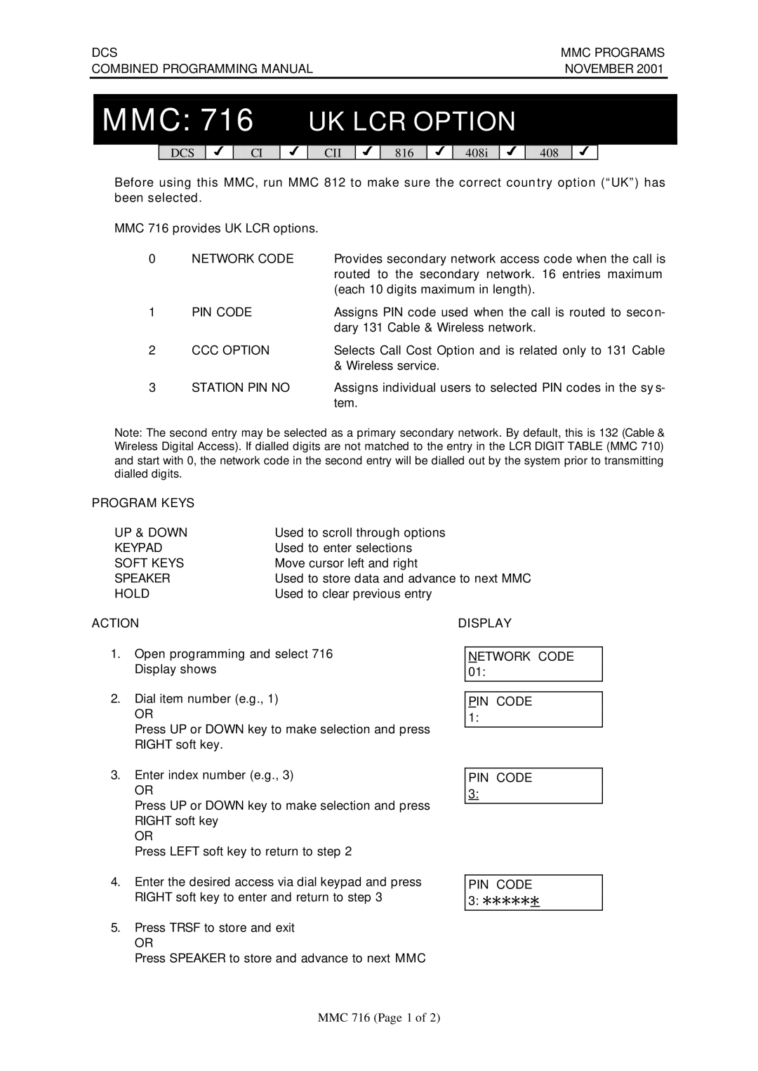 Samsung DCS-408I manual MMC 716 UK LCR Option 