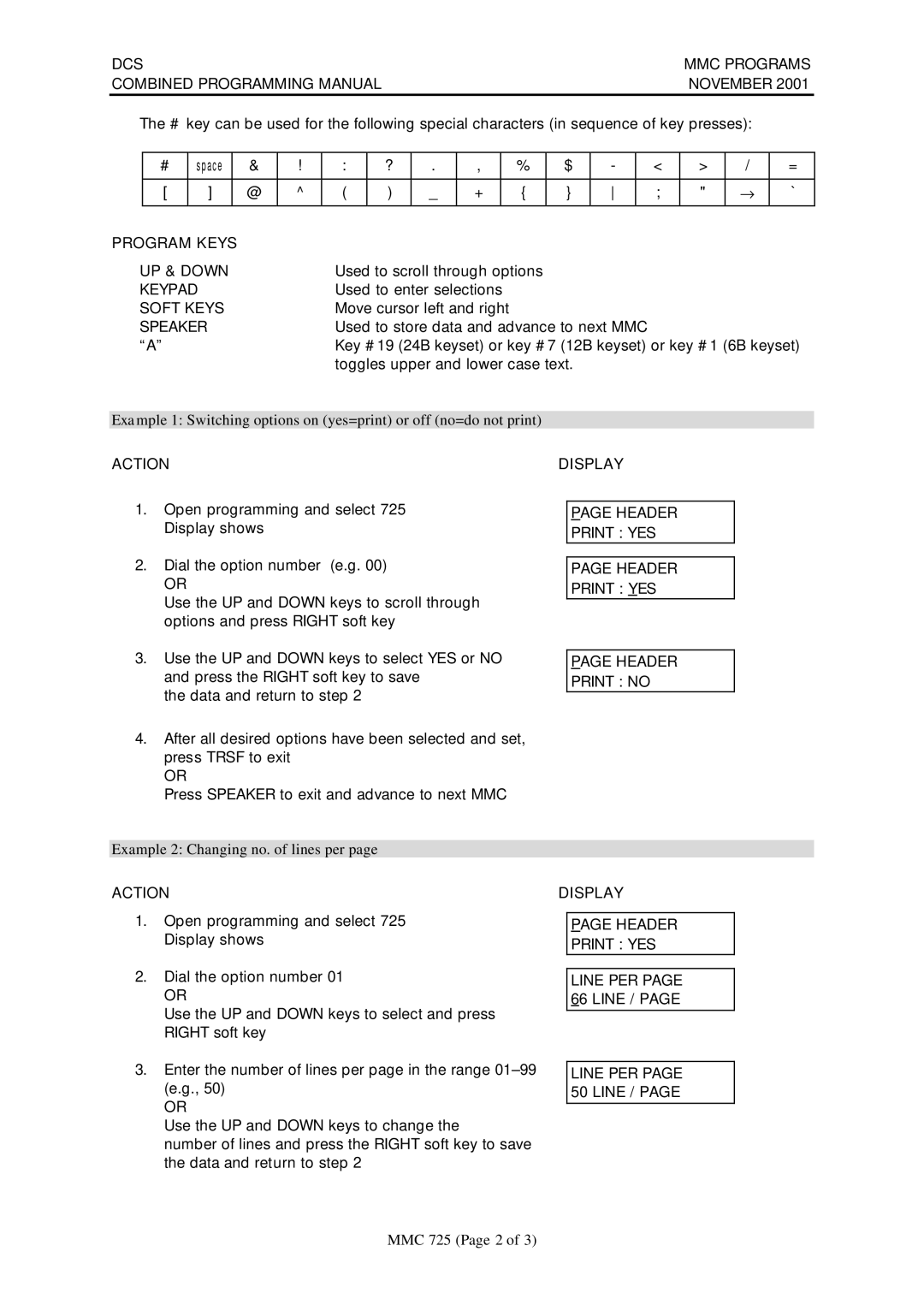 Samsung DCS-408I manual Header Print no, Header Print YES Line PER page 66 Line, Line PER page 50 Line 