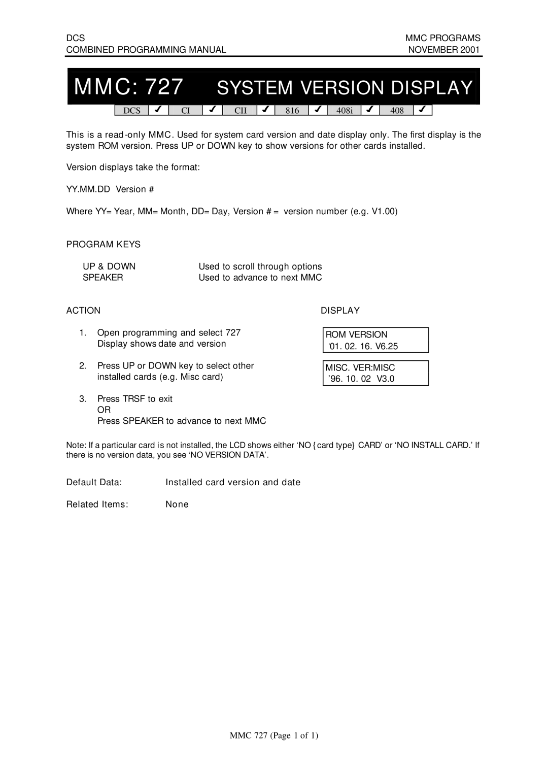 Samsung DCS-408I manual MMC 727 System Version Display, ROM Version 