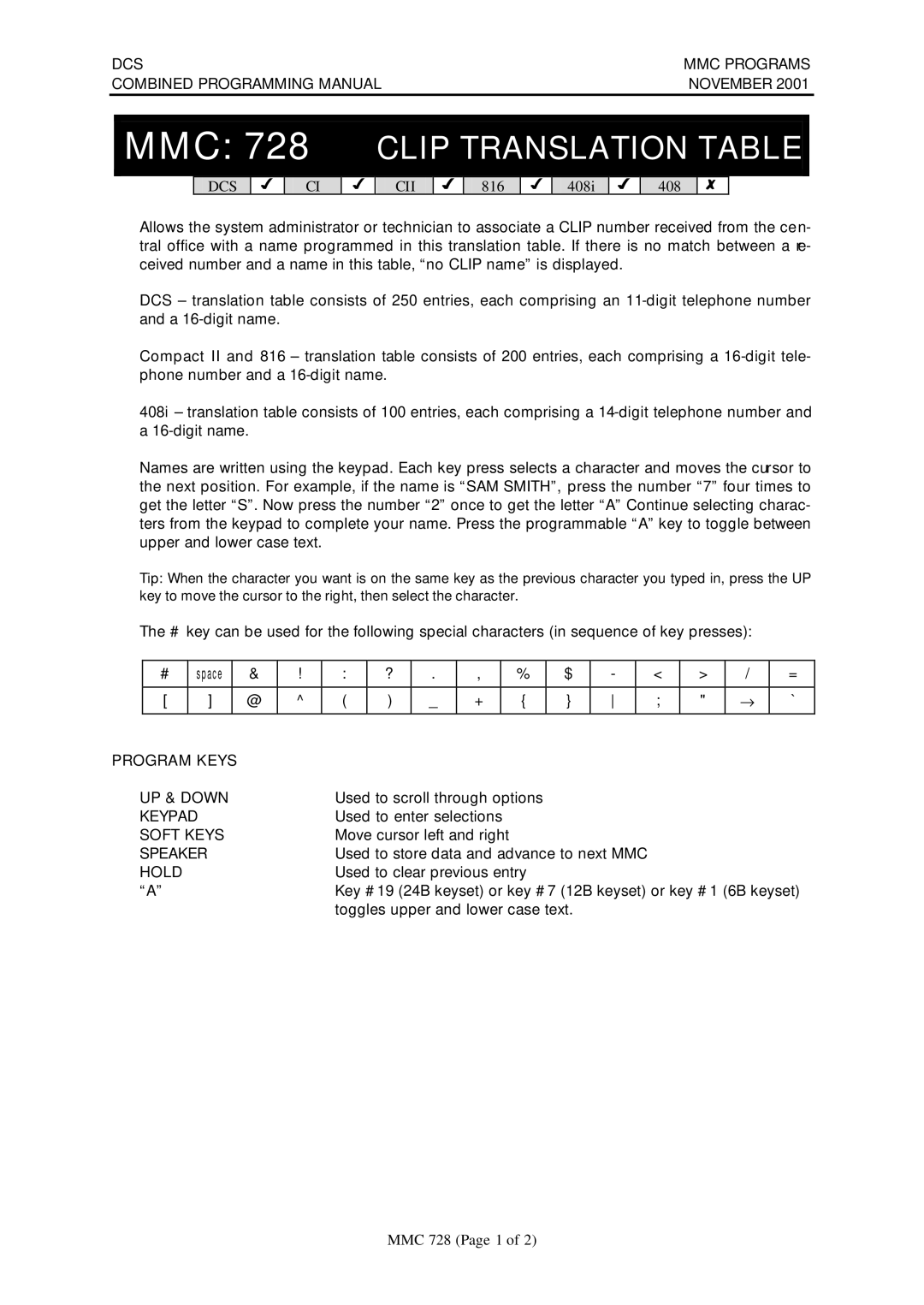 Samsung DCS-408I manual MMC 728 Clip Translation Table, MMC 728 Page 1 