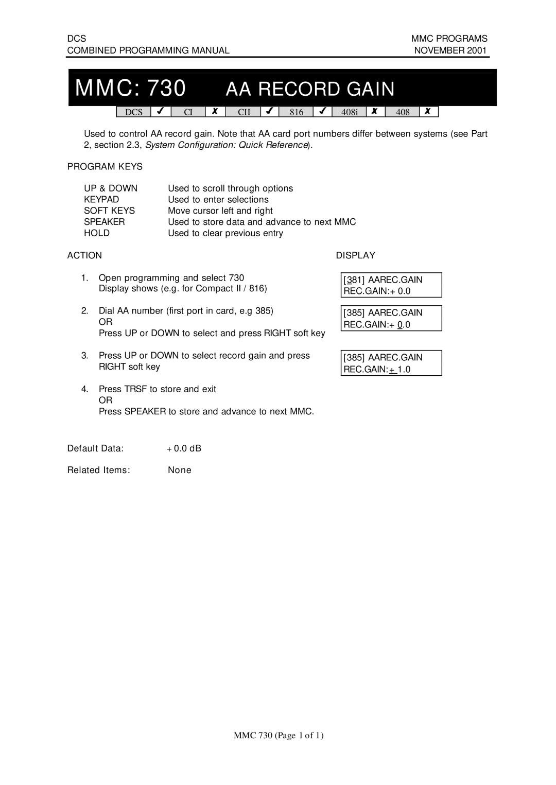 Samsung DCS-408 MMC 730 AA Record Gain, AAREC.GAIN REC.GAIN+0.0 REC.GAIN+1.0, Default Data +0.0 dB Related Items None 