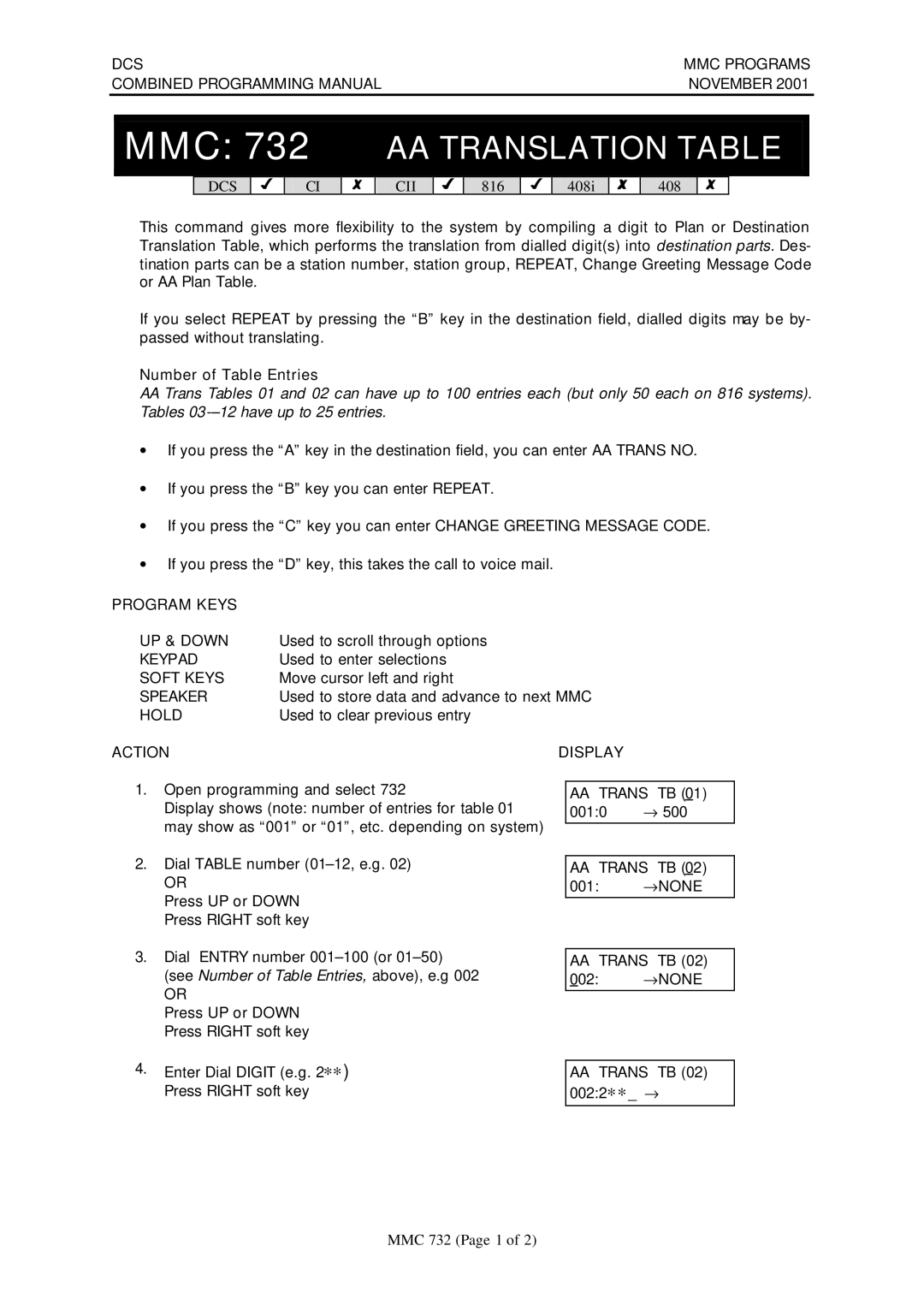 Samsung DCS-408I manual MMC 732 AA Translation Table, Number of Table Entries, AA Trans TB 