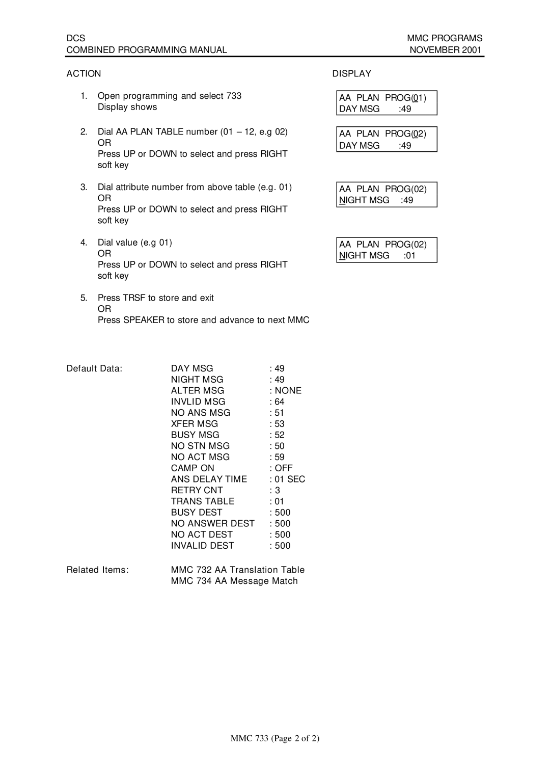 Samsung DCS-408I manual 01 SEC, Retry CNT Trans Table Busy Dest, No Answer Dest, No ACT Dest, Invalid Dest 