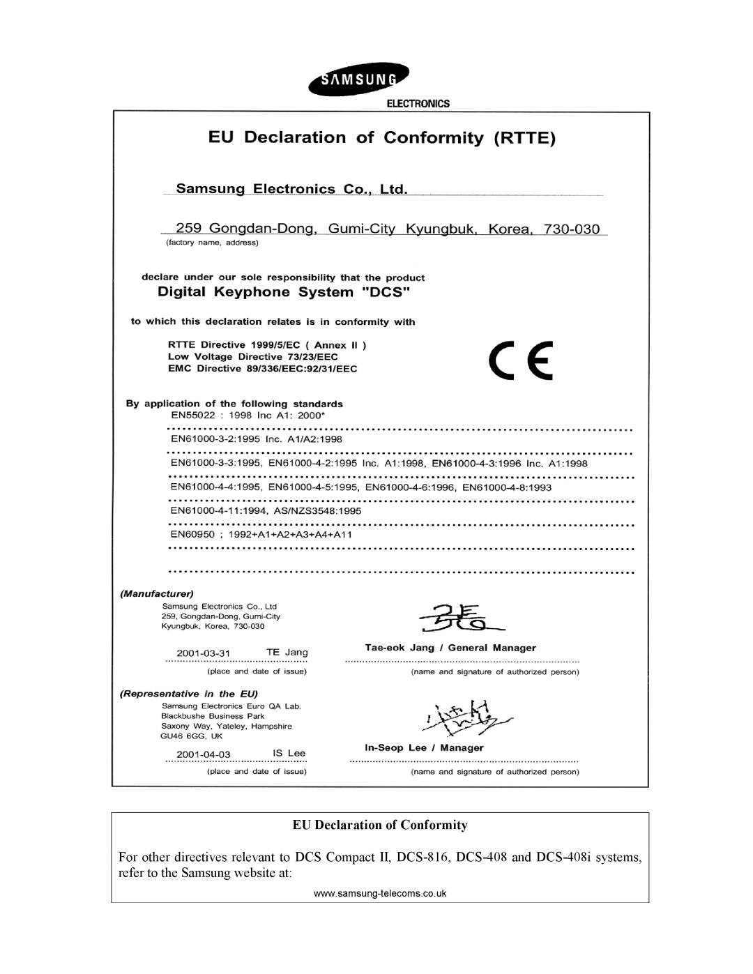 Samsung DCS-408I manual EU Declaration of Conformity 