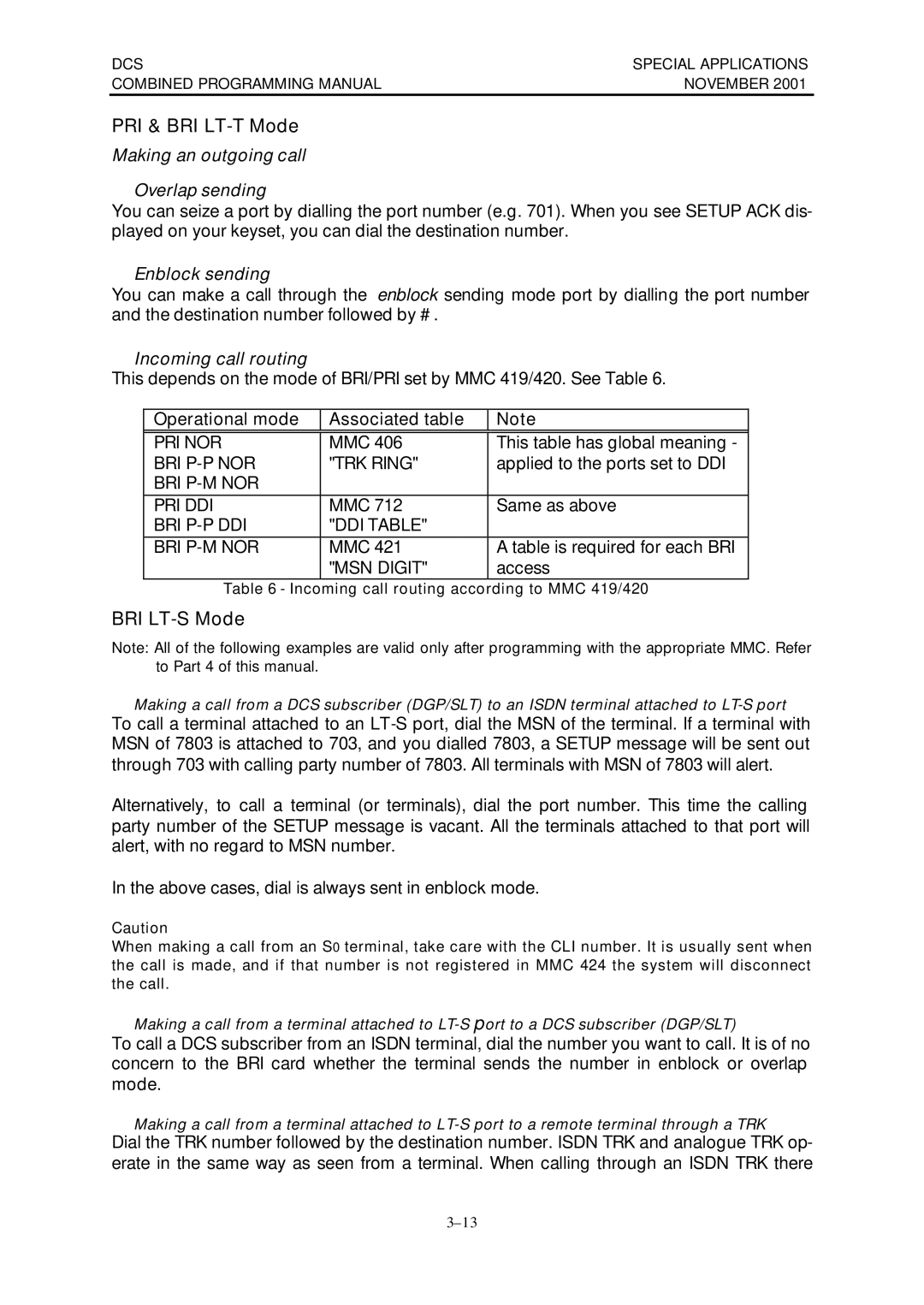 Samsung DCS-408I manual PRI & BRI LT-T Mode, Incoming call routing according to MMC 419/420 