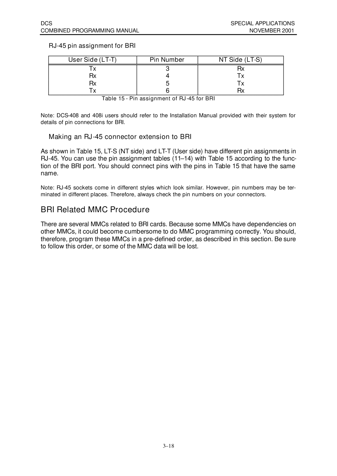 Samsung DCS-408I manual Making an RJ-45 connector extension to BRI, Pin assignment of RJ-45 for BRI 