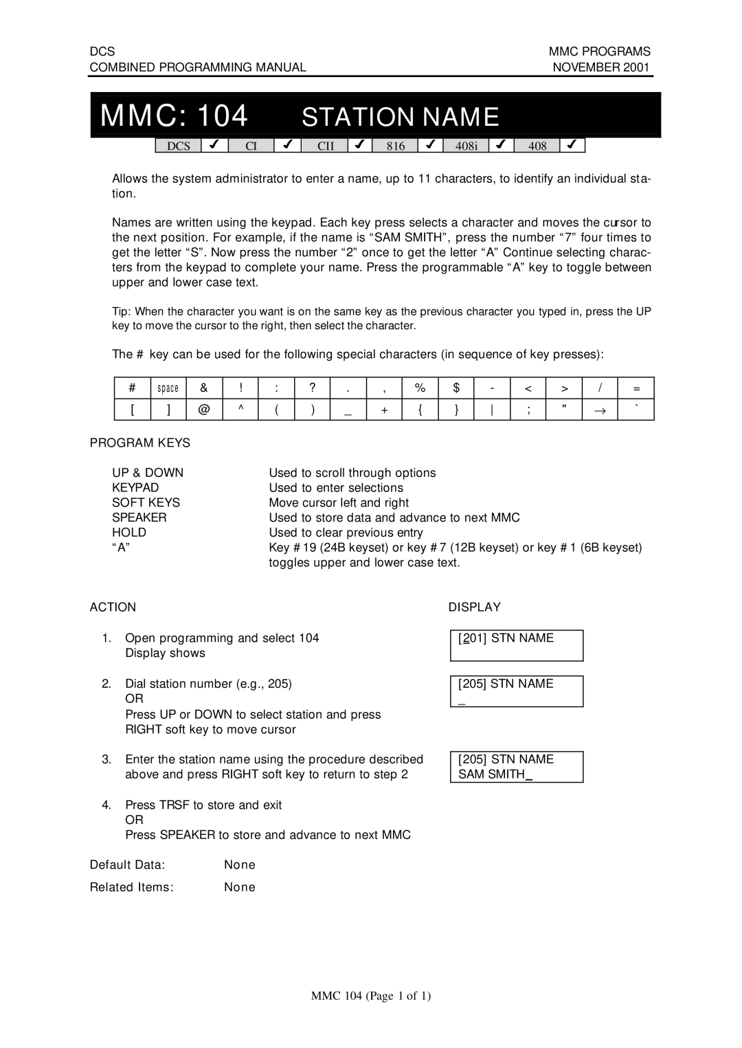 Samsung DCS-408I manual MMC 104 Station Name, Action Display, Default Data None Related Items, SAM Smith 