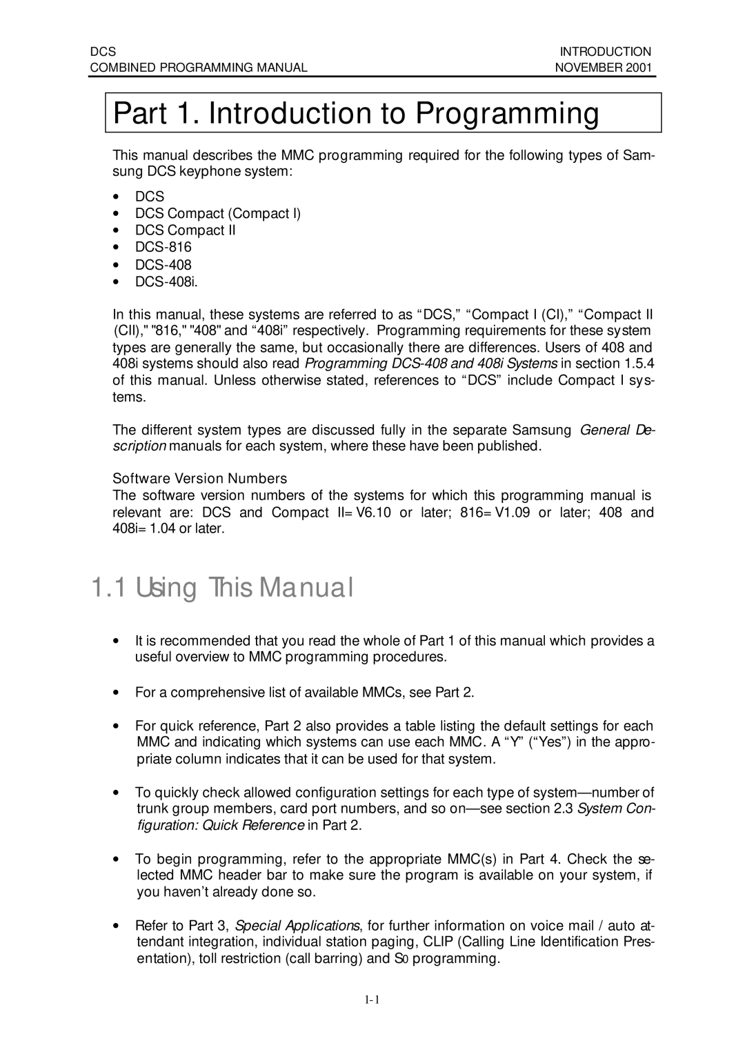 Samsung DCS-408I manual Part 1. Introduction to Programming, DCS Introduction Combined Programming Manual 