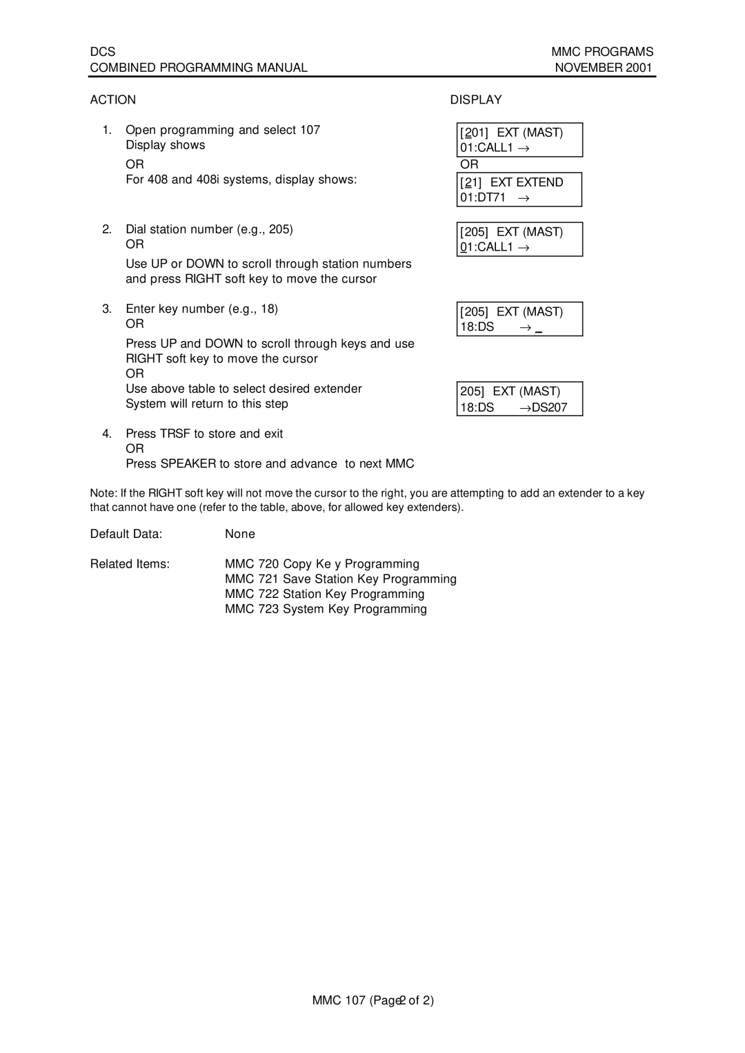 Samsung DCS-408I manual EXT Mast, MMC Station Key Programming MMC 723 System Key Programming 