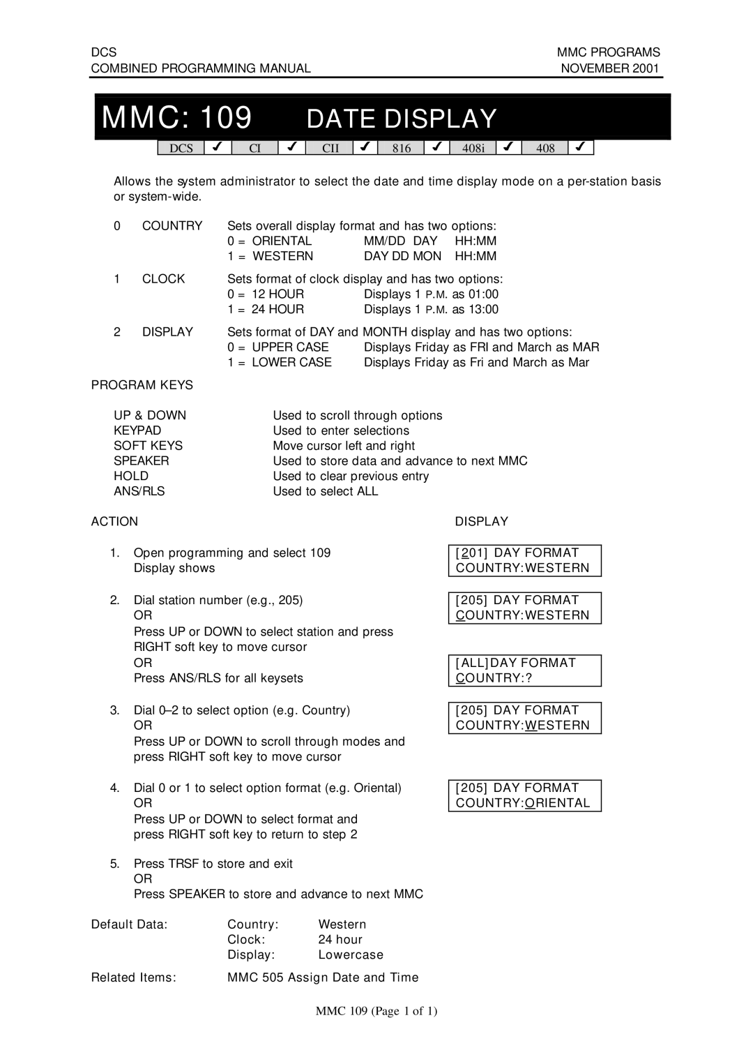 Samsung DCS-408I manual MMC 109 Date Display 