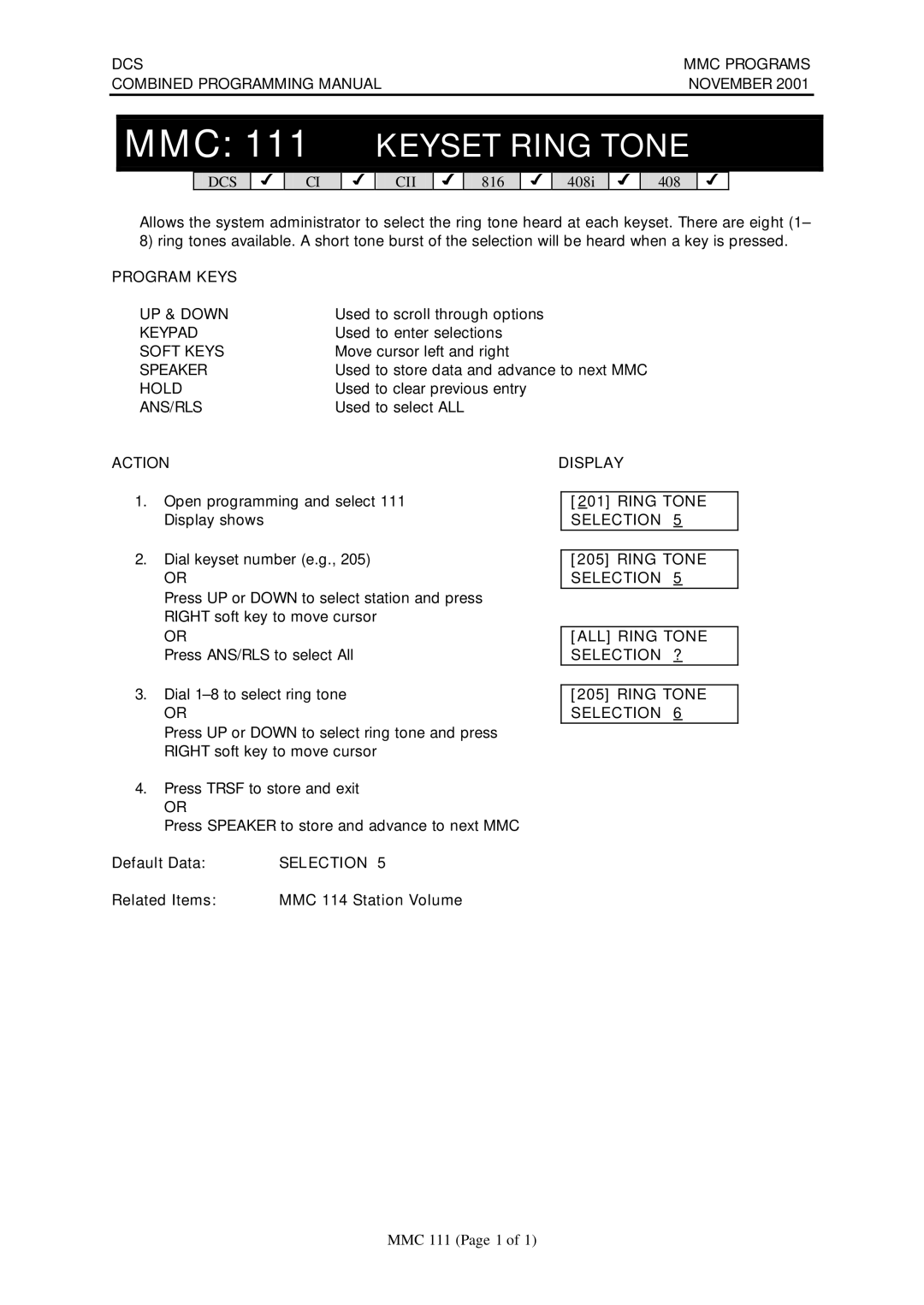 Samsung DCS-408I manual MMC 111 Keyset Ring Tone, Default Data, Selection, Related Items MMC 114 Station Volume 