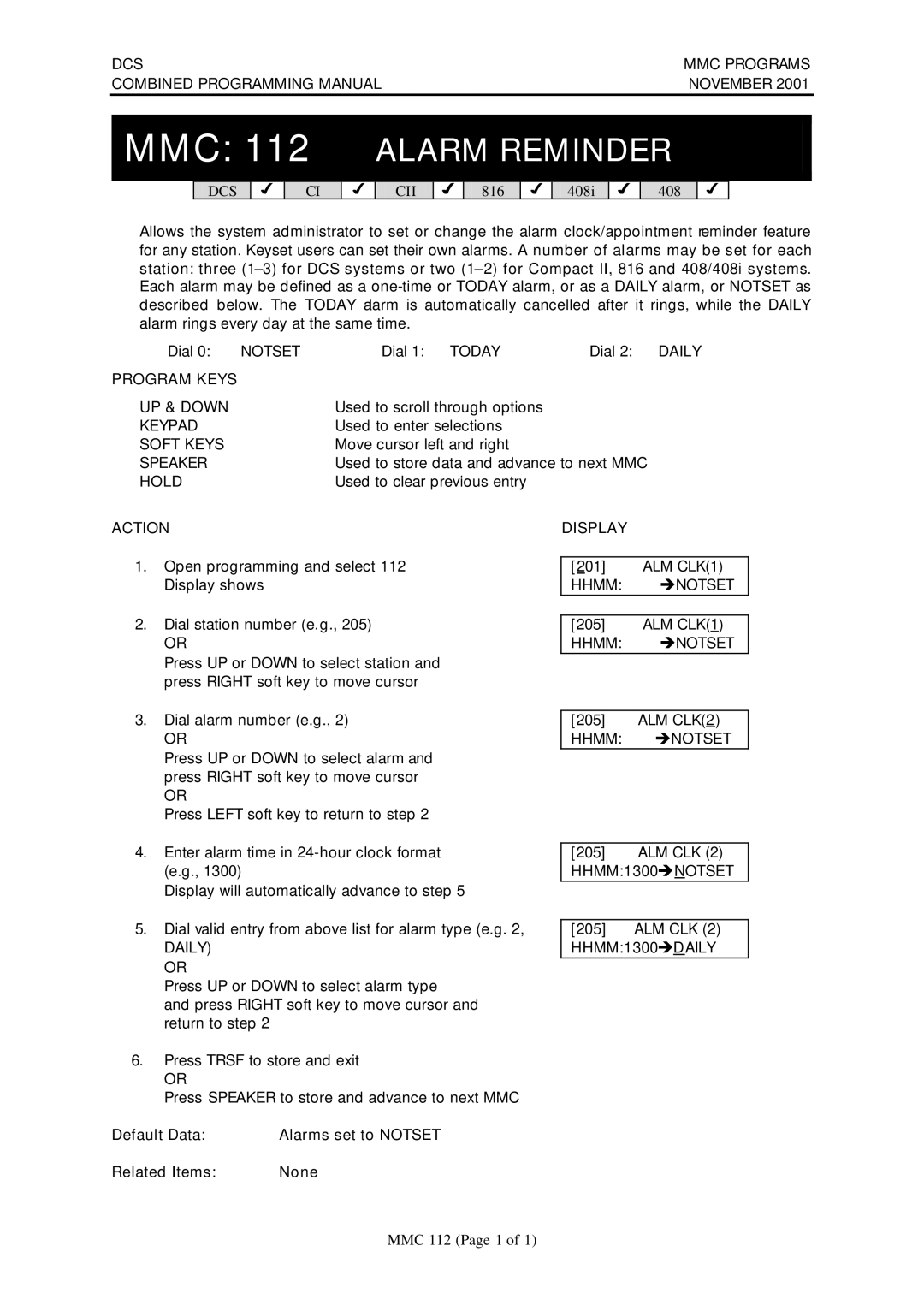 Samsung DCS-408I manual MMC 112 Alarm Reminder, Daily or, Default Data Alarms set to Notset Related Items None 