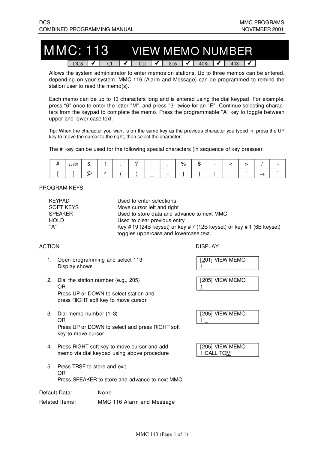 Samsung DCS-408I manual MMC 113 View Memo Number, Default Data None Related Items MMC 116 Alarm and Message 