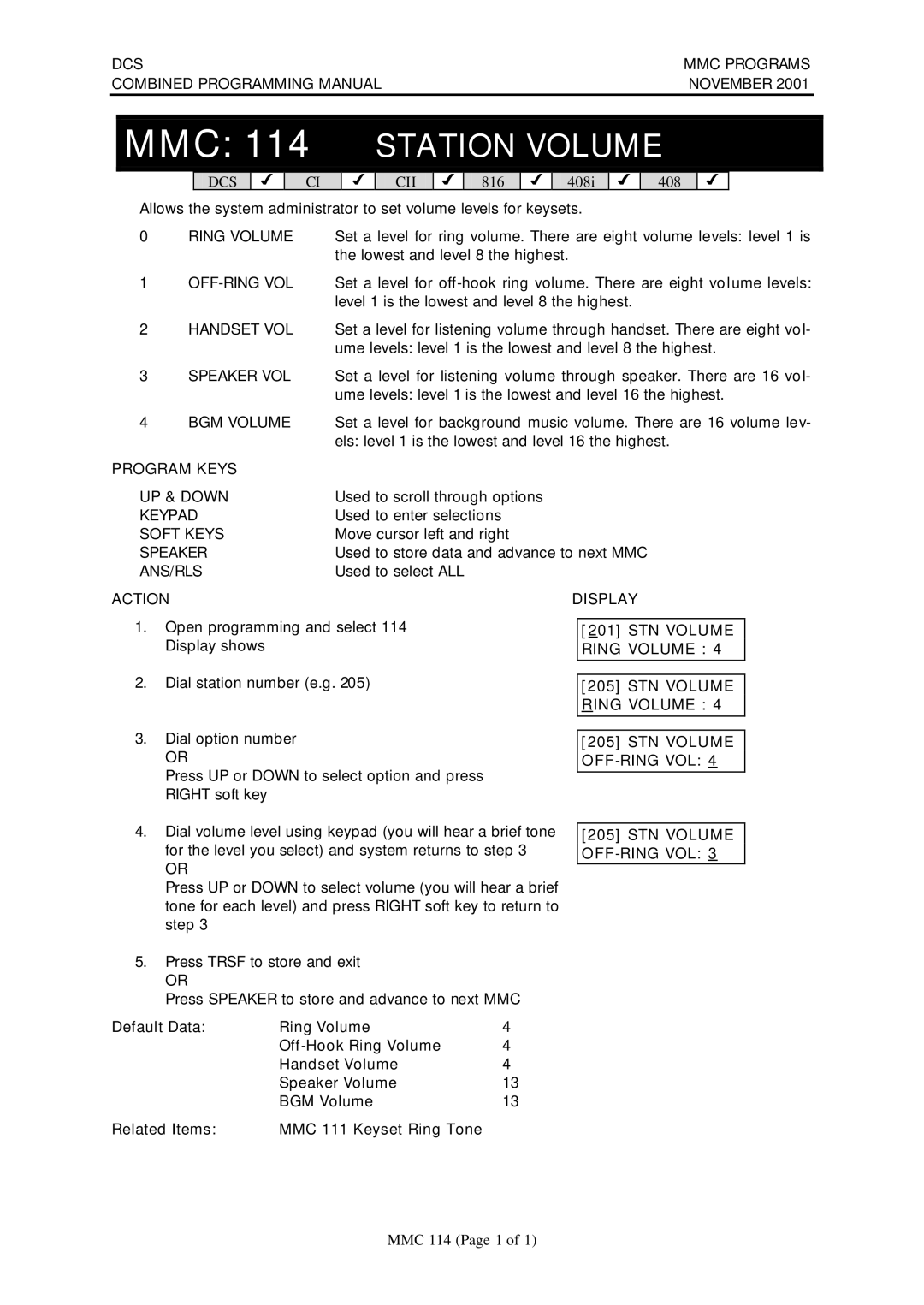 Samsung DCS-408I manual MMC 114 Station Volume 