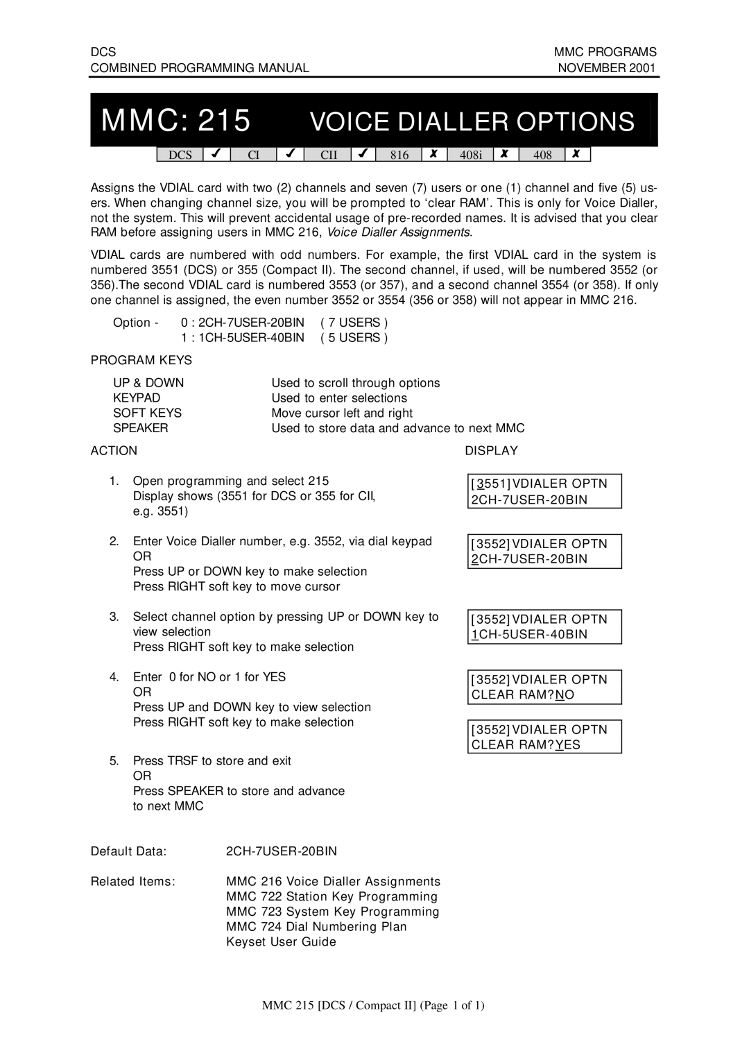 Samsung DCS-408I manual MMC 215 Voice Dialler Options, 2CH-7USER-20BIN, Related Items MMC, MMC 724 Dial Numbering Plan 