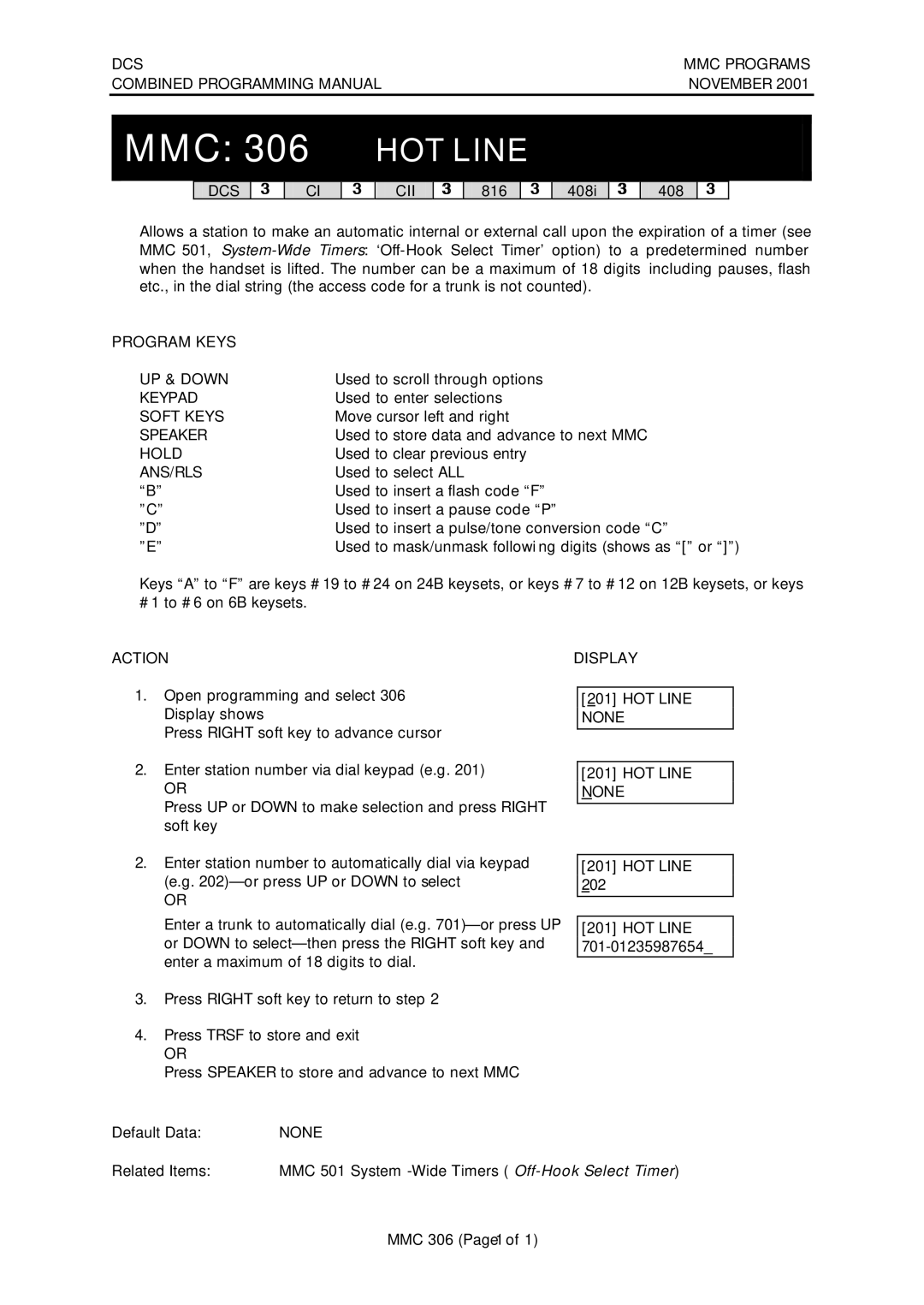 Samsung DCS-408I manual MMC 306 HOT Line, HOT Line None 