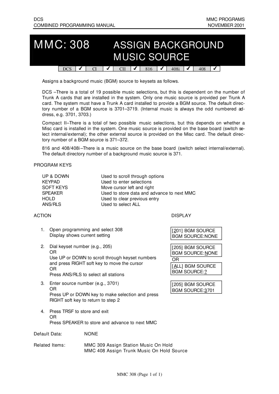 Samsung DCS-408I manual MMC 308 Assign Background Music Source 