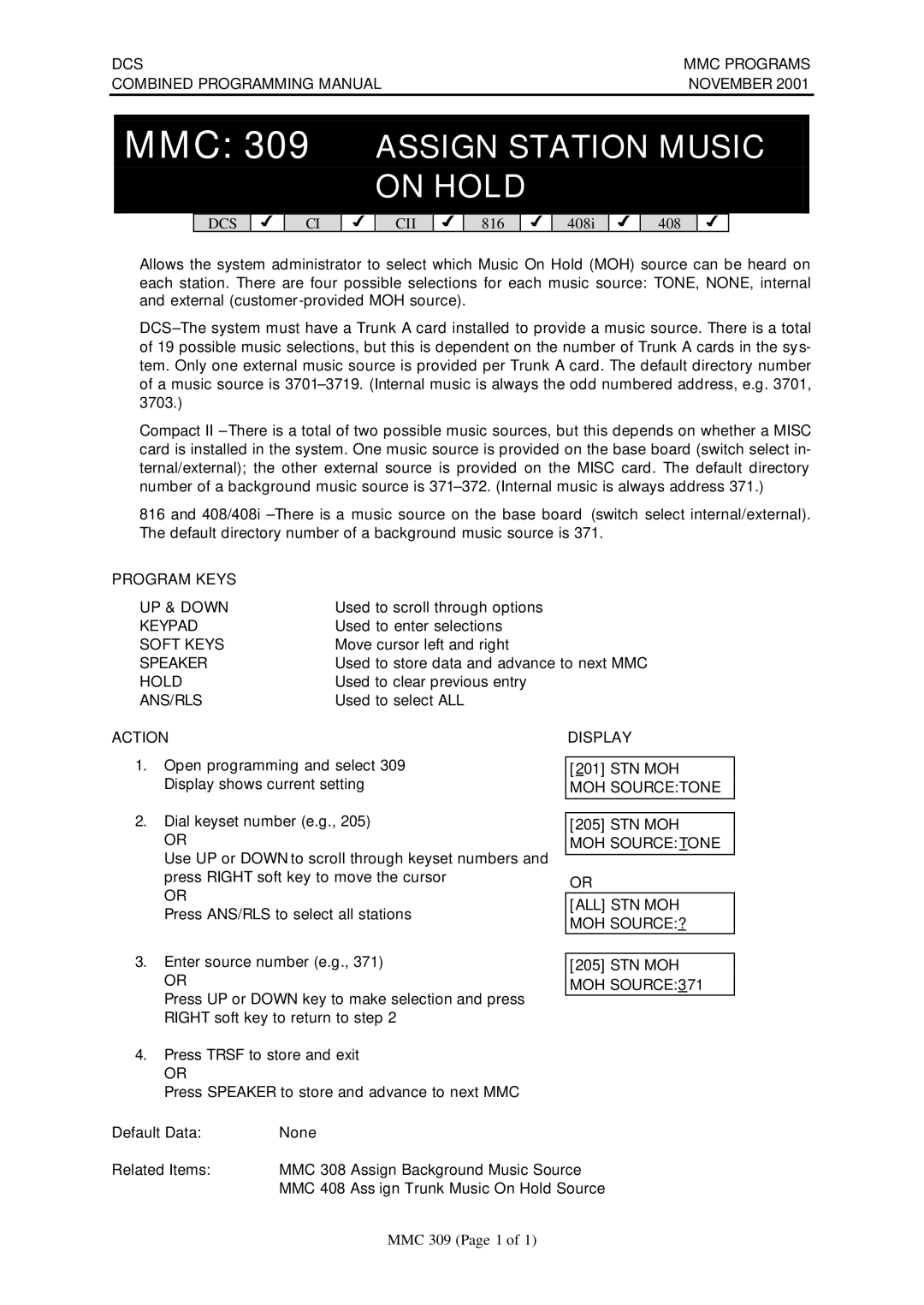 Samsung DCS-408I manual MMC 309 Assign Station Music On Hold, STN MOH MOH Sourcetone 