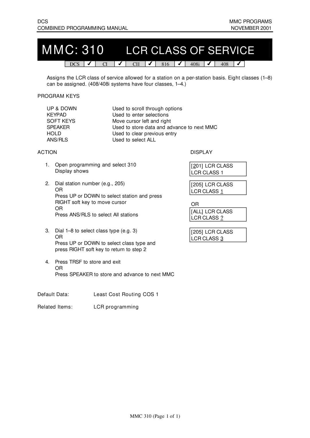 Samsung DCS-408I manual MMC 310 LCR Class of Service, LCR Class LCR Class ALL LCR Class LCR Class ? 