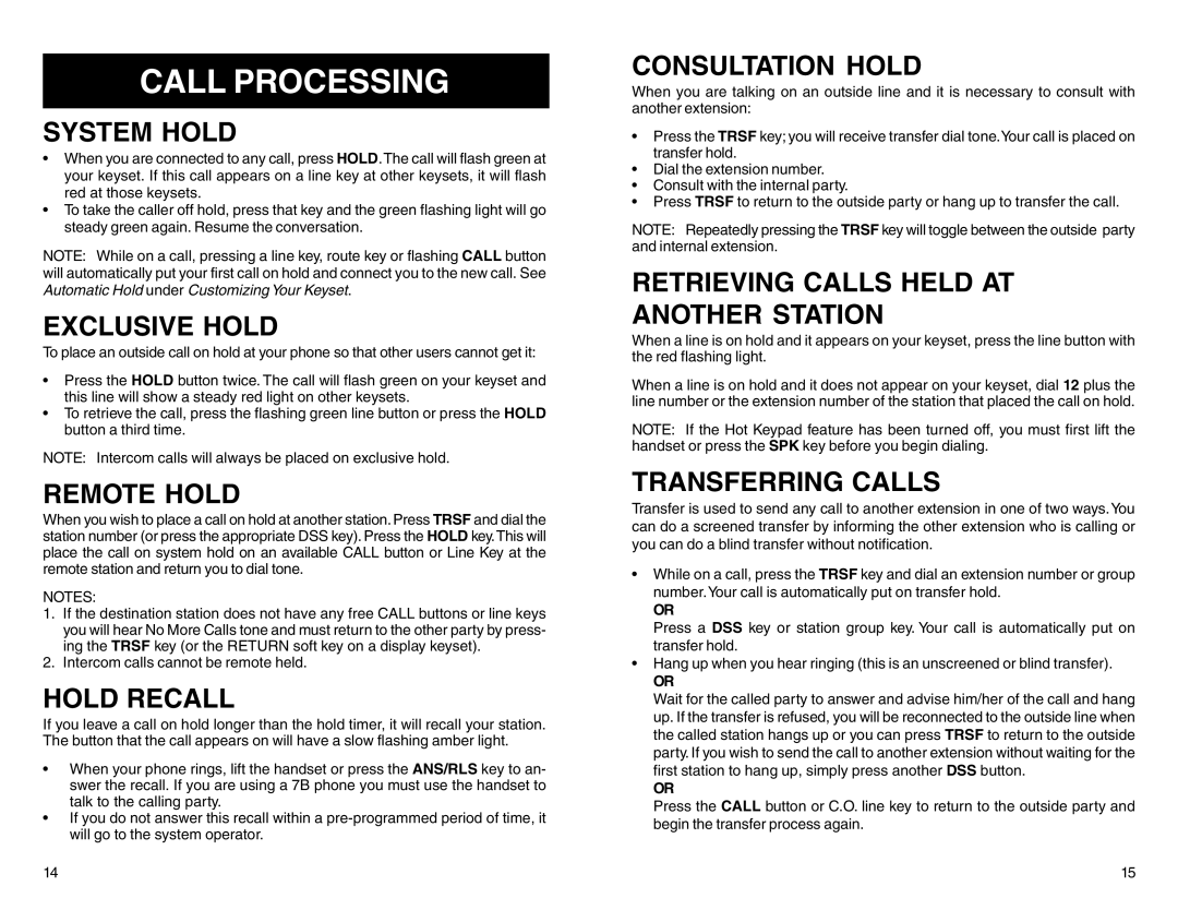 Samsung DCS 50si manual Call Processing 